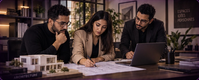 Trois architectes réunis autour de plans, d’une maquette et d’un ordinateur dans leur cabinet.