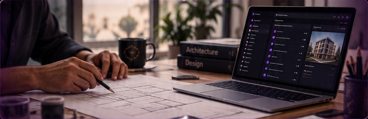 Un architecte travaille sur des plans à côté d’un ordinateur affichant son outil de gestion.